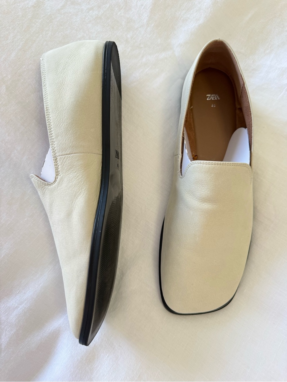 Zara | Women’s 41 US 10 | Ecru Leather Square Toe Flats Loafers | Minimalist